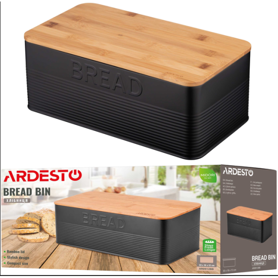 AR0912BB Хлібниця Ardesto Midori 33х18х12см, метал, бамбук, чорний
