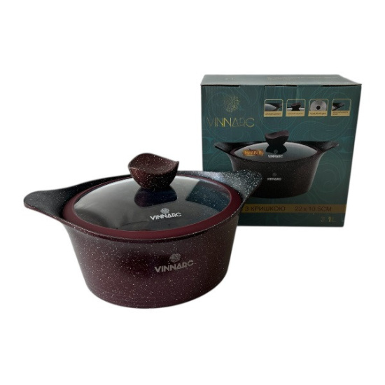 VB-A0322NS GRAND Vinnarc Каструля кругла 22см, 3,1л, антипригар. покриттям,  скляна криш. силікон. обід, Індукція, Бордо/чорна