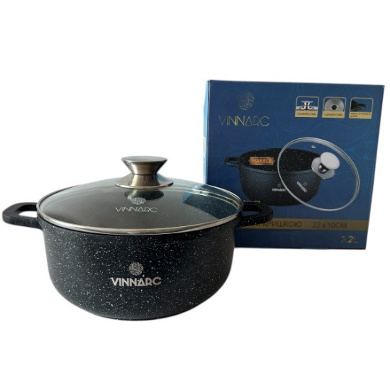 VB-A0322NS GRAND Vinnarc Каструля кругла 22см, 3,1л, антипригар. покриттям,  скляна криш. силікон. обід, Індукція, Бордо/чорна